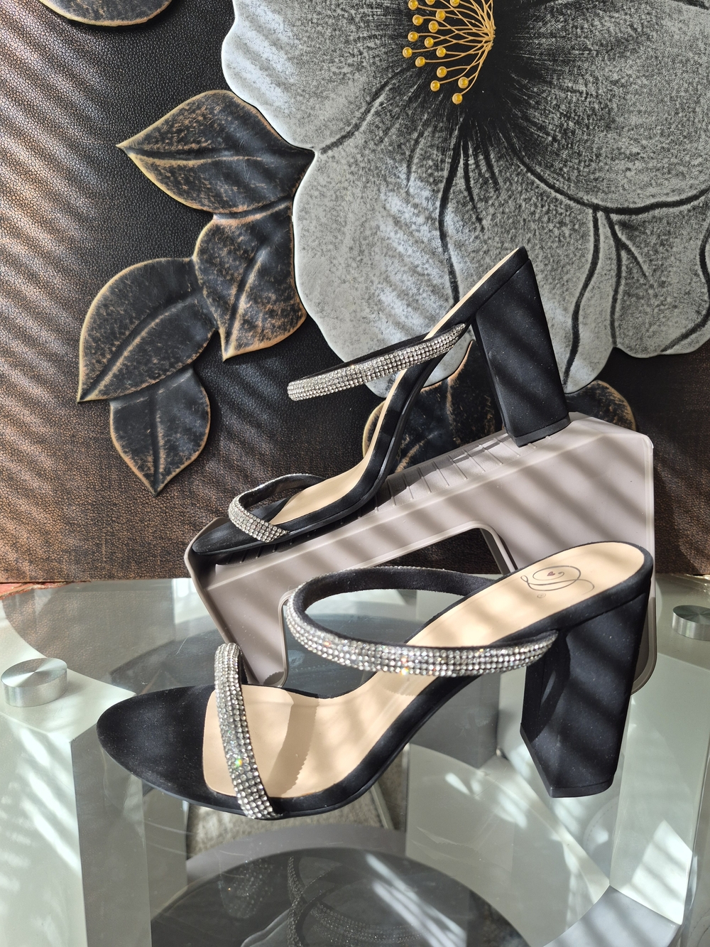 Black Rhinestone Strap Block Heel Sandals — Sparkle Accent